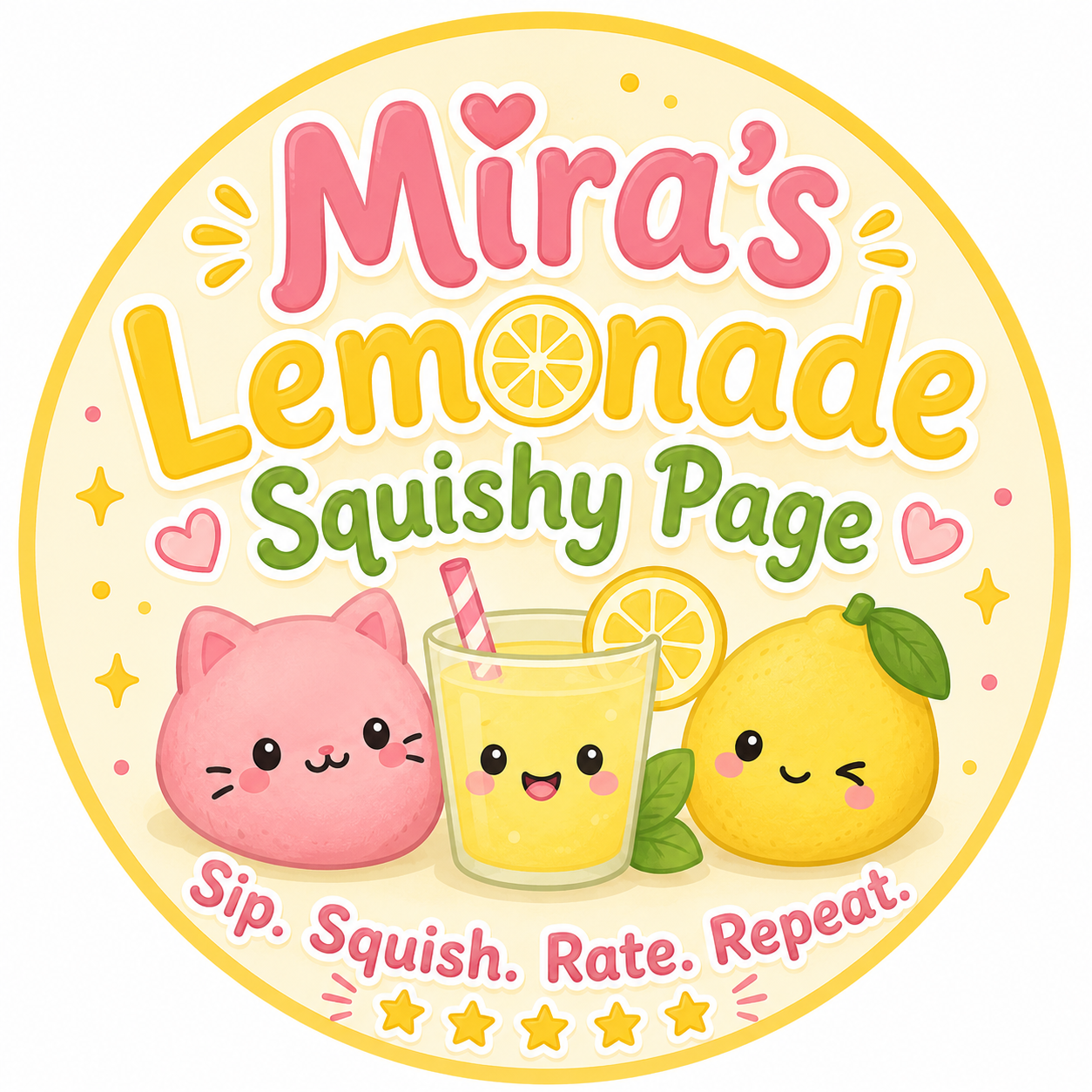 Mira's Lemonade Squishy emblem with a cat squishy, lemonade cup, and lemon