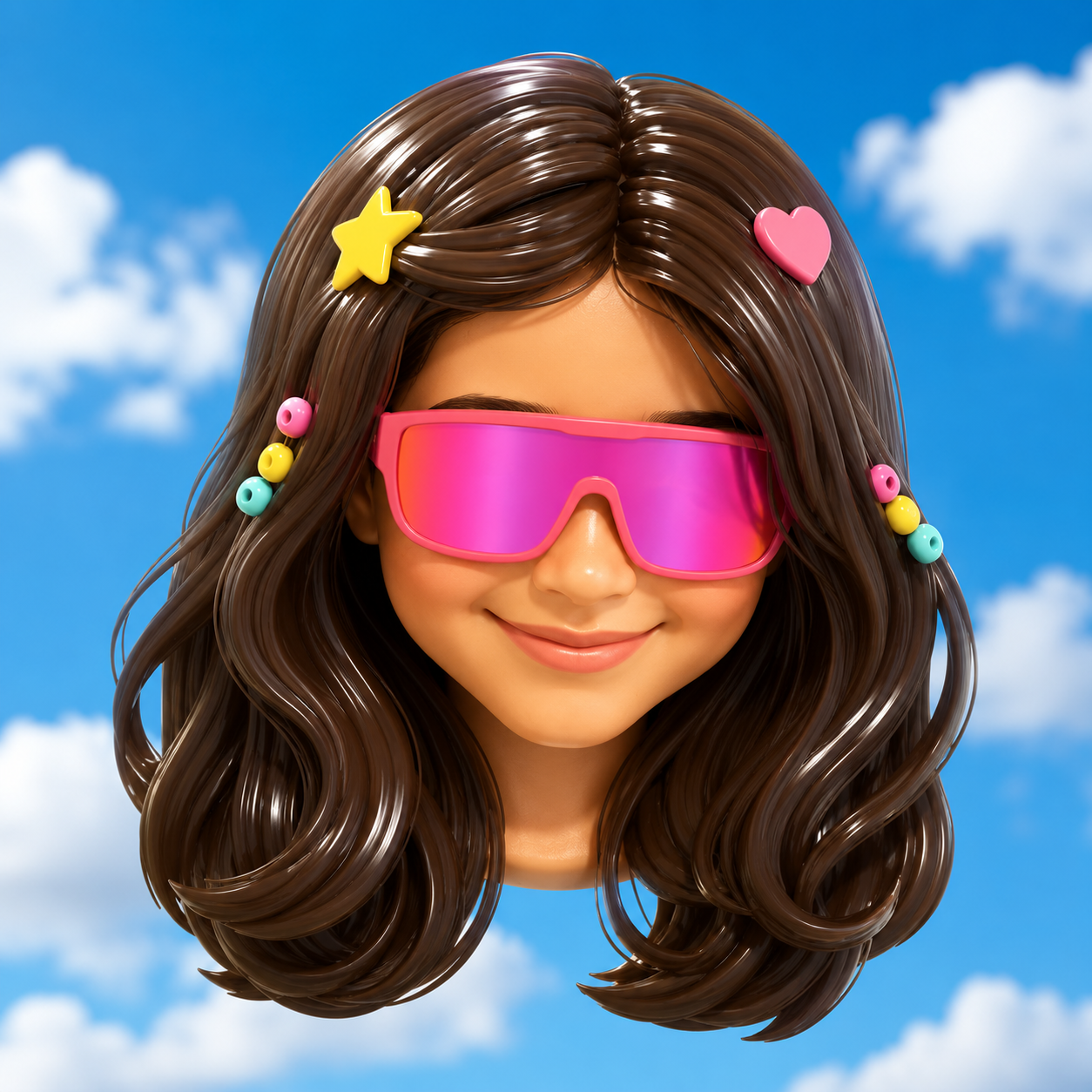 Stylized 3D avatar of Mira with long wavy brown hair, a bright pink visor sunglasses, a yellow star hair clip, a pink heart hair clip, and colorful pastel hair beads, smiling in front of a sunny blue sky with fluffy white clouds β the official Mira's Lemonade Squishy mascot avatar