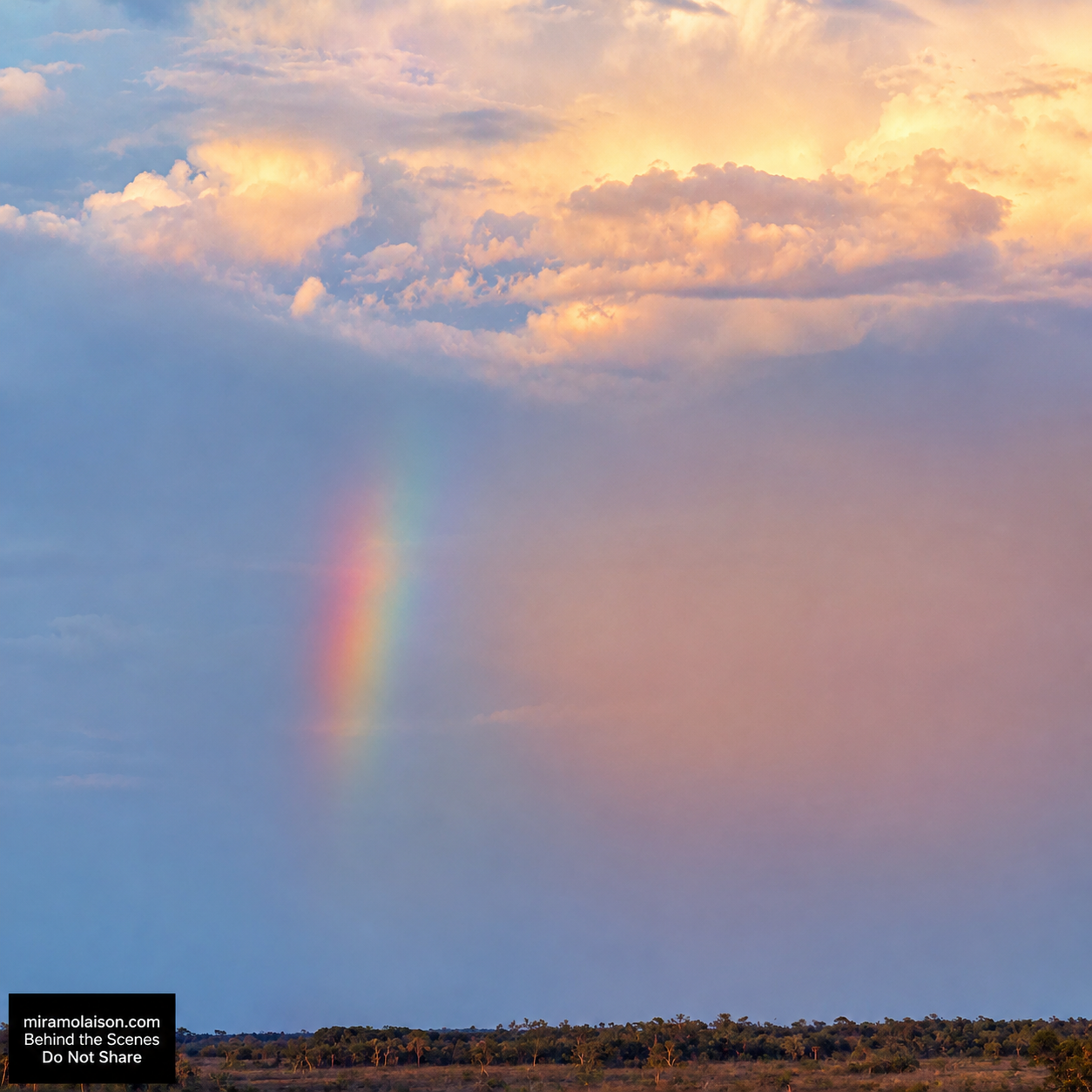 A soft pastel rainbow arcing through pink and blue sunset clouds over a distant tree line β a hopeful sky after the rain, captured on a Mira's Lemonade Squishy adventure