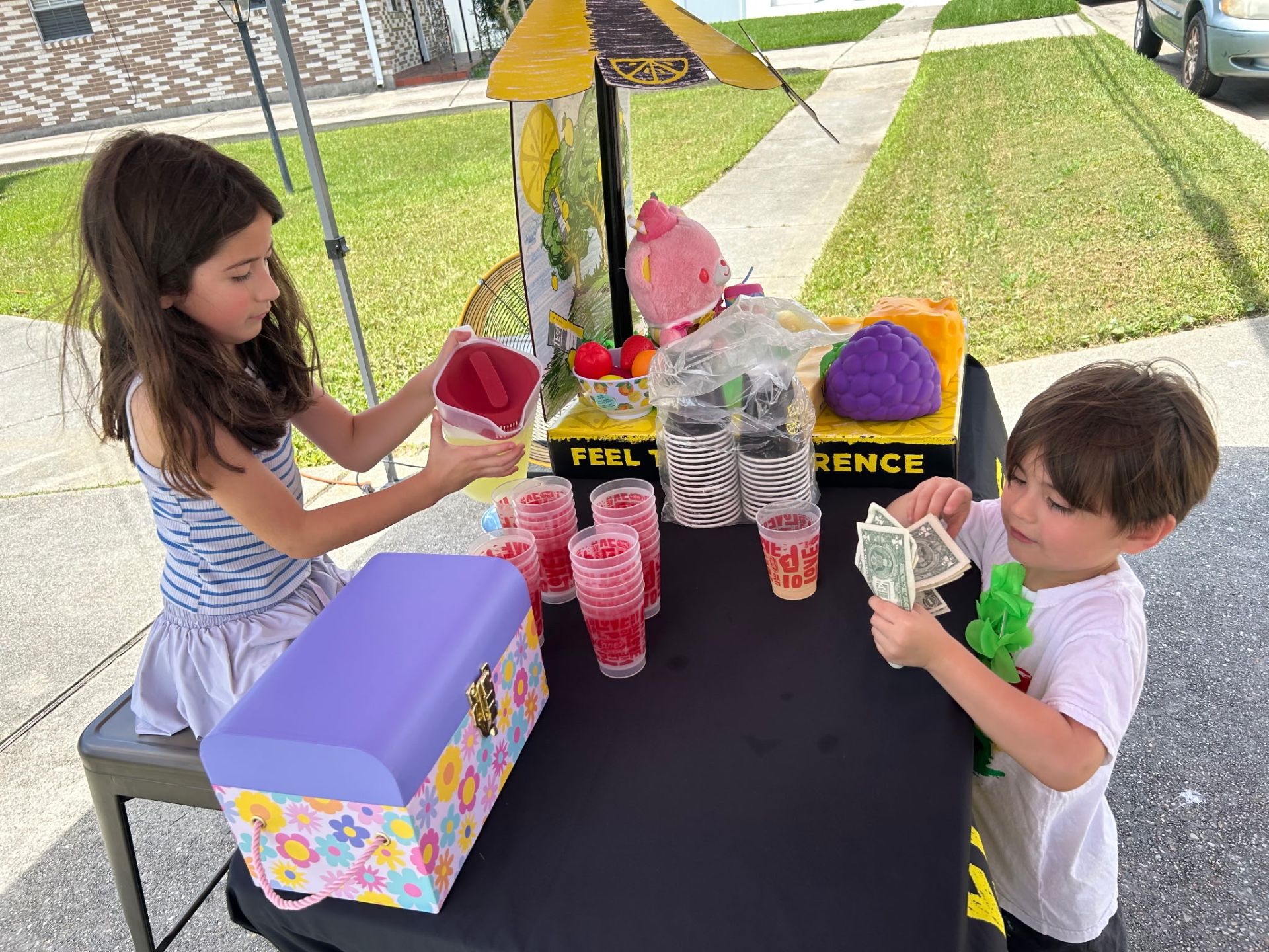 Mira pouring fresh lemonade from a pink pitcher into cups at her lemonade stand while her little cousin Avi hands over dollar bills β Mira's very first paying customer