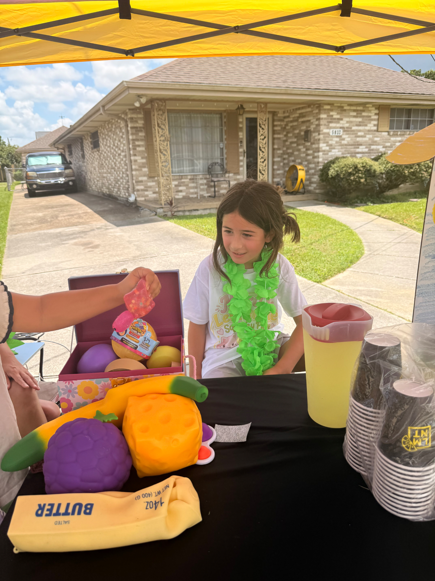 Mira at her lemonade stand with an open treasure box full of squishies β a purple grape squishy, orange cheese squishy, yellow butter squishy, and a Mystery Dumplings package on the table for customers to pick from